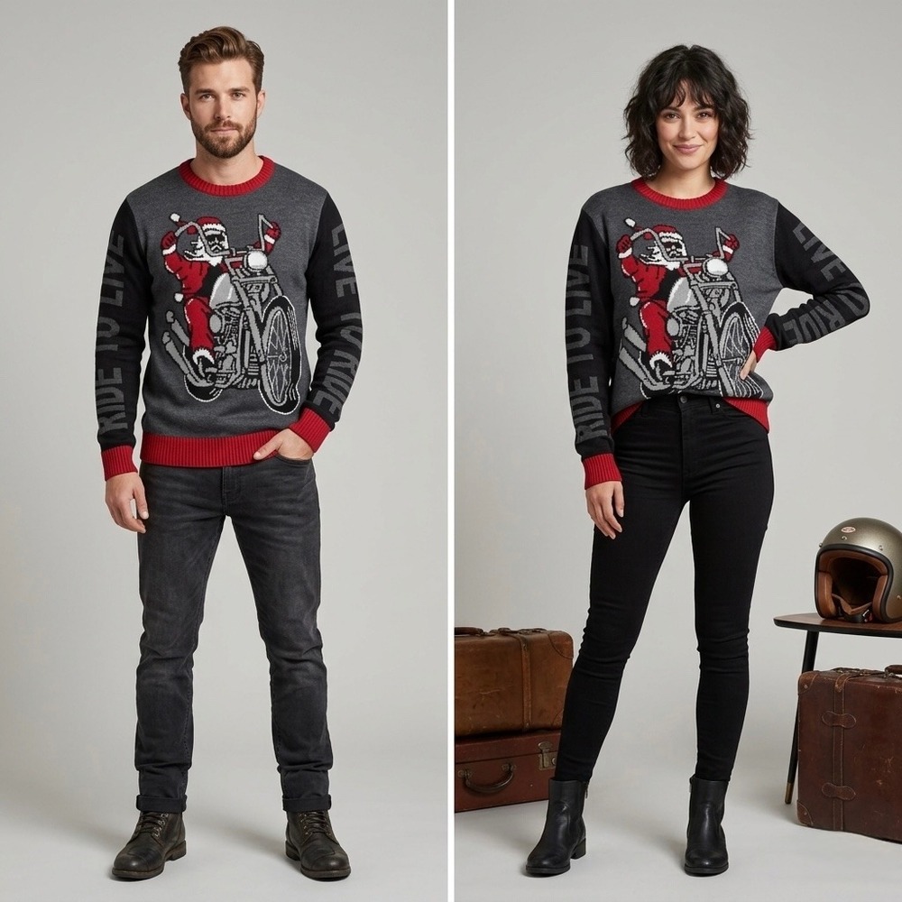 Ugly Christmas Sweater Medium Santa Motorcycle Biker Ride to Live Gray Red
